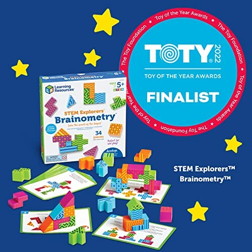 STEM Explorers Brainometry toy set with colorful building pieces and finalist badge